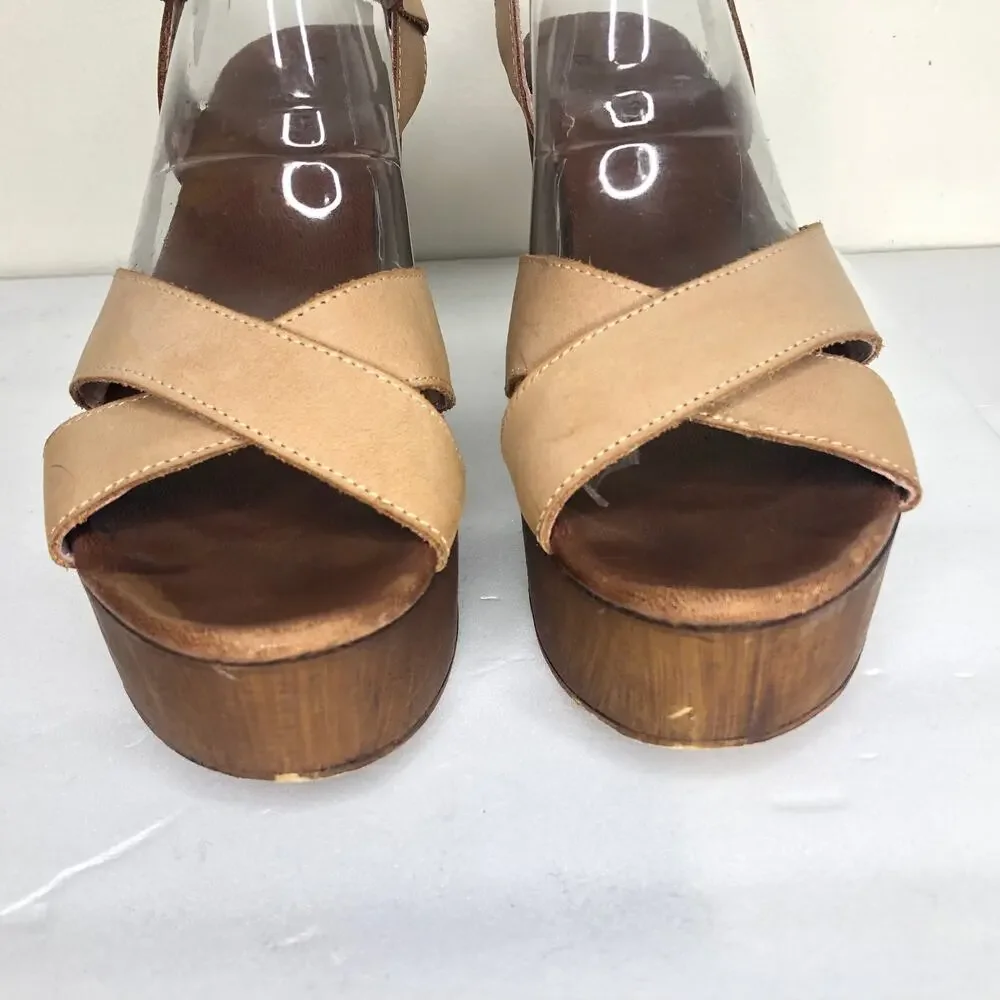 Anthropologie Musse & Cloud Sandal Platform Wood Heel Tan Leather Cross Strap 39